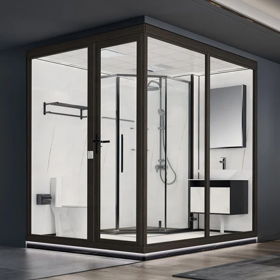 Precio barato personalizado humeante completo hotel de lujo cabina con ventana de vidrio Modular prefabricado Pod de baño negro con inodoro